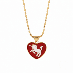 Collier licorne femme forme de coeur rouge