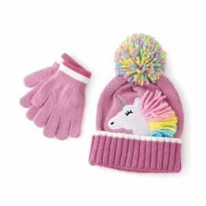 Ensemble bonnet licorne fille rose et gants