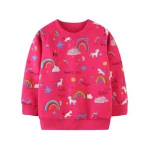 Pull enfant motif licorne et arc en ciel rose