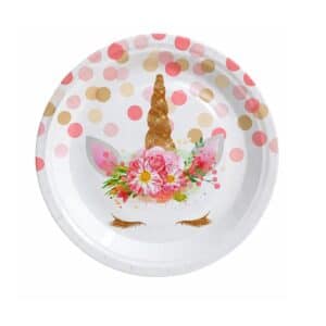 Assiette en carton licorne​ rose et blanche