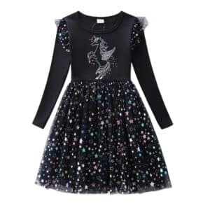 Robe noire licorne enfant avec étoiles