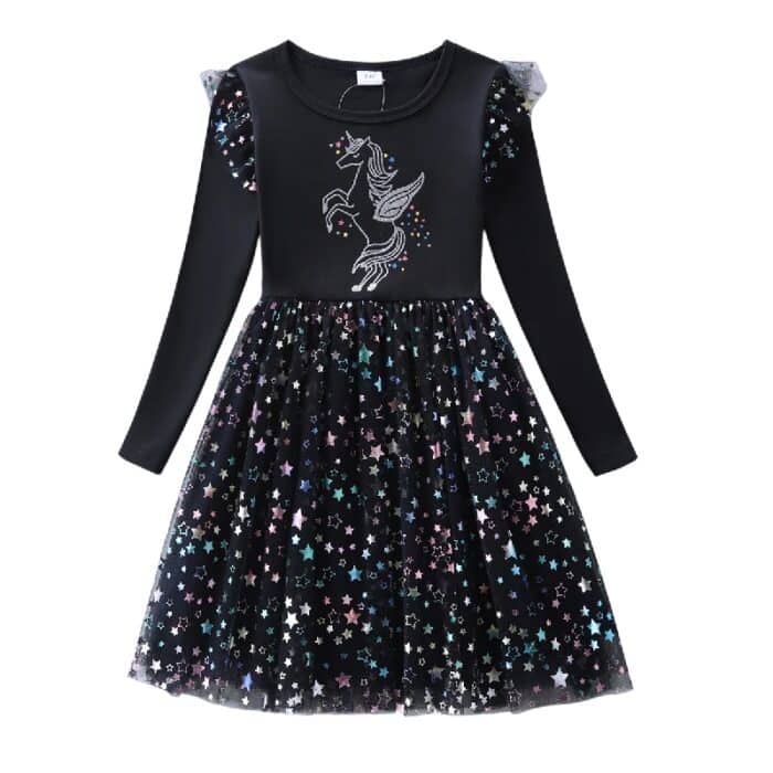 Robe noire licorne enfant avec étoiles1