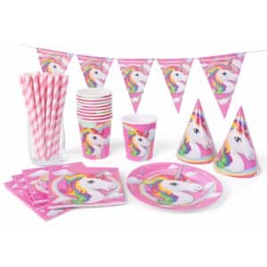 Kit vaisselle anniversaire jetable enfant licorne (lot de 65)