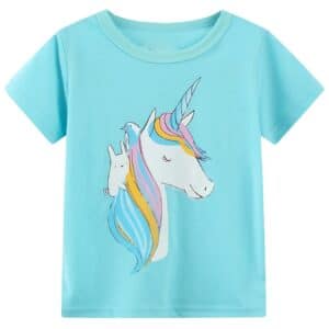 T shirt bleu fille tête de licorne