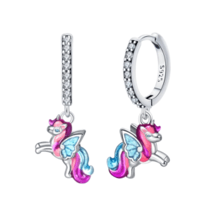 Boucle d'oreille pendante licorne rose et bleue