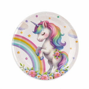 Assiette anniversaire enfant licorne arc en ciel (lot de 8)