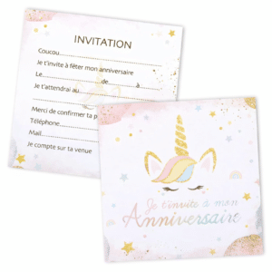 Carte d'invitation anniversaire licorne​ (lot de 12)