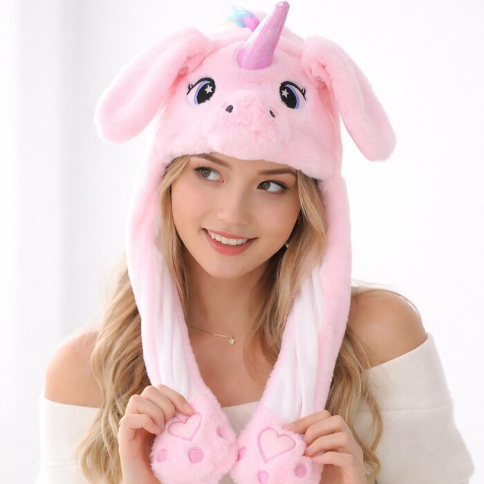 Bonnet licorne oreille qui bouge rose2